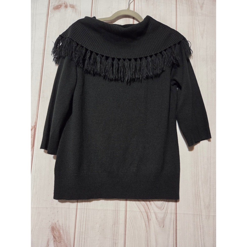 Dressbarn Womens Black Cowl Neck Fringe Trim Sweater 3/4 Sleeve Size L